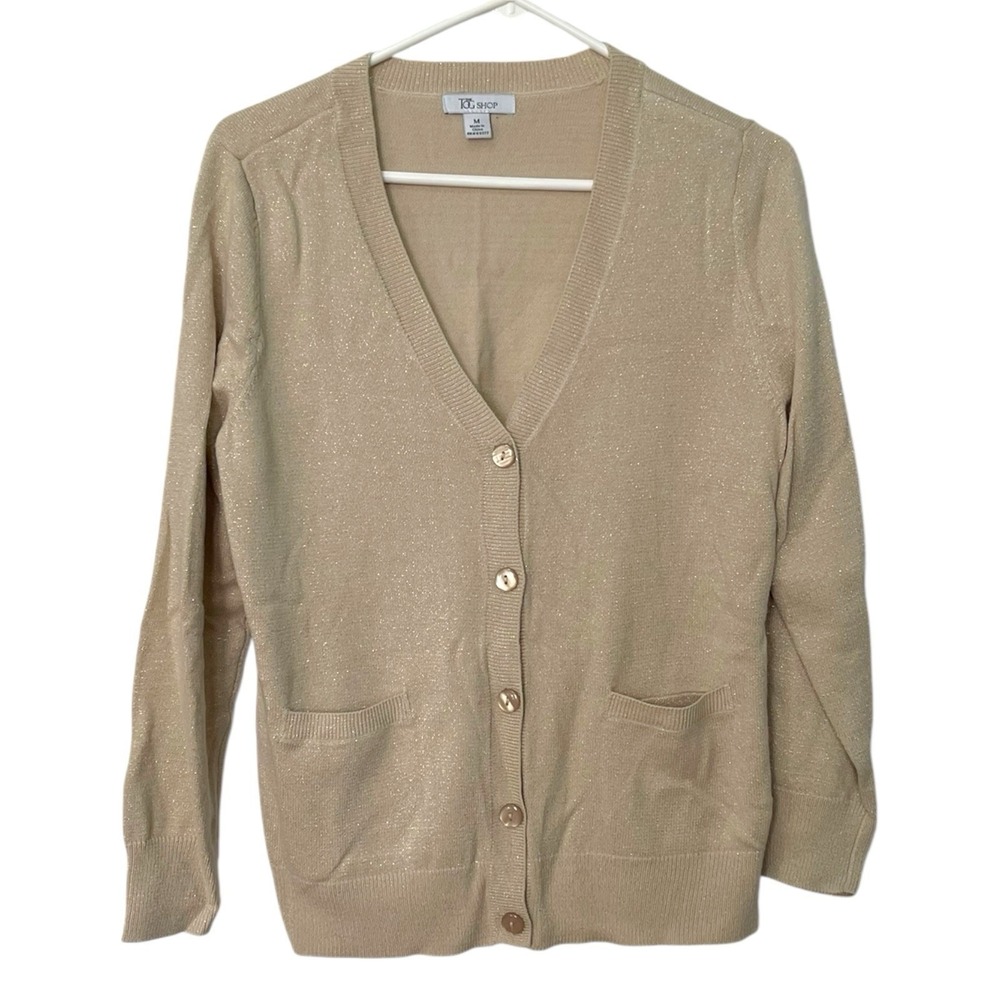 The Tog‎ Shop Medium Gold Cardigan Shimmer Low V-Neck Button Front Granny Core